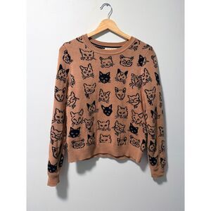Boden Cats Jacquard Sweater Women Small Camel & Navy Knit Pullover